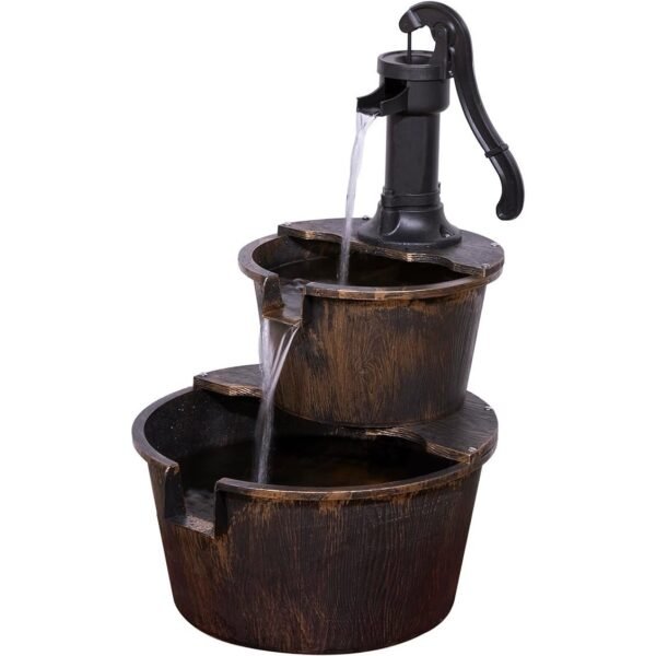 Outdoor Floor Rustic 2-Tiered Barrel and Pump Water Fountain, 27", Bronze