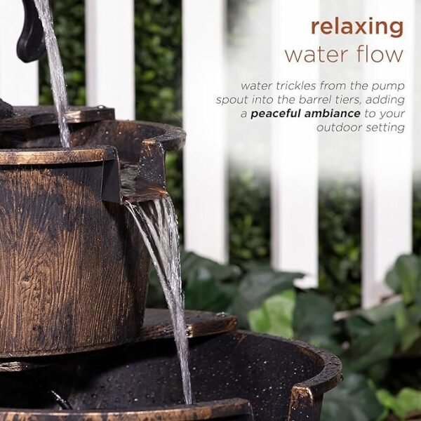 Outdoor Floor Rustic 2-Tiered Barrel and Pump Water Fountain, 27", Bronze - Image 3