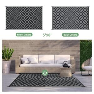 Outdoor Rug for Patio Clearance, Reversible Plastic Camping Rugs, 5'x8', Black & Gray